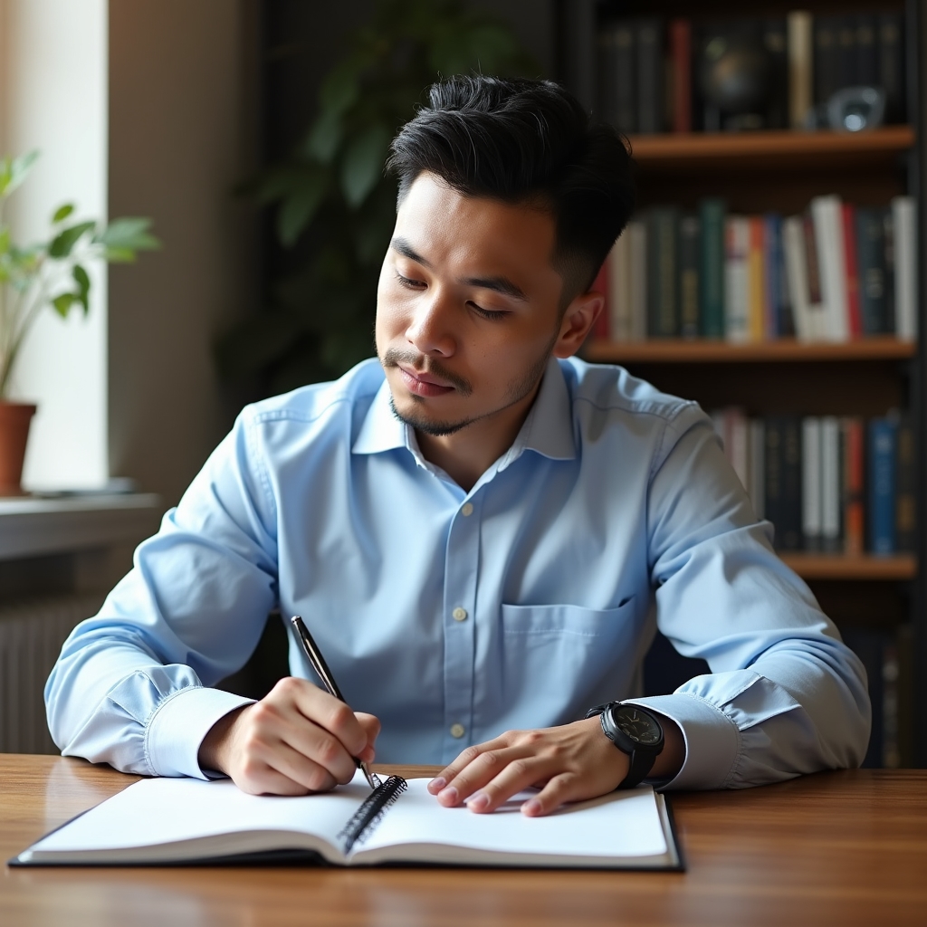 Professional sitting thoughtfully at a desk with a career planning journal open, soft natural light from window