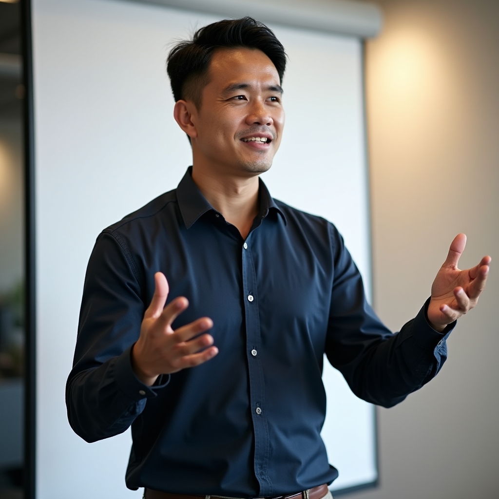 Professional practicing presentation skills in a bright modern office environment