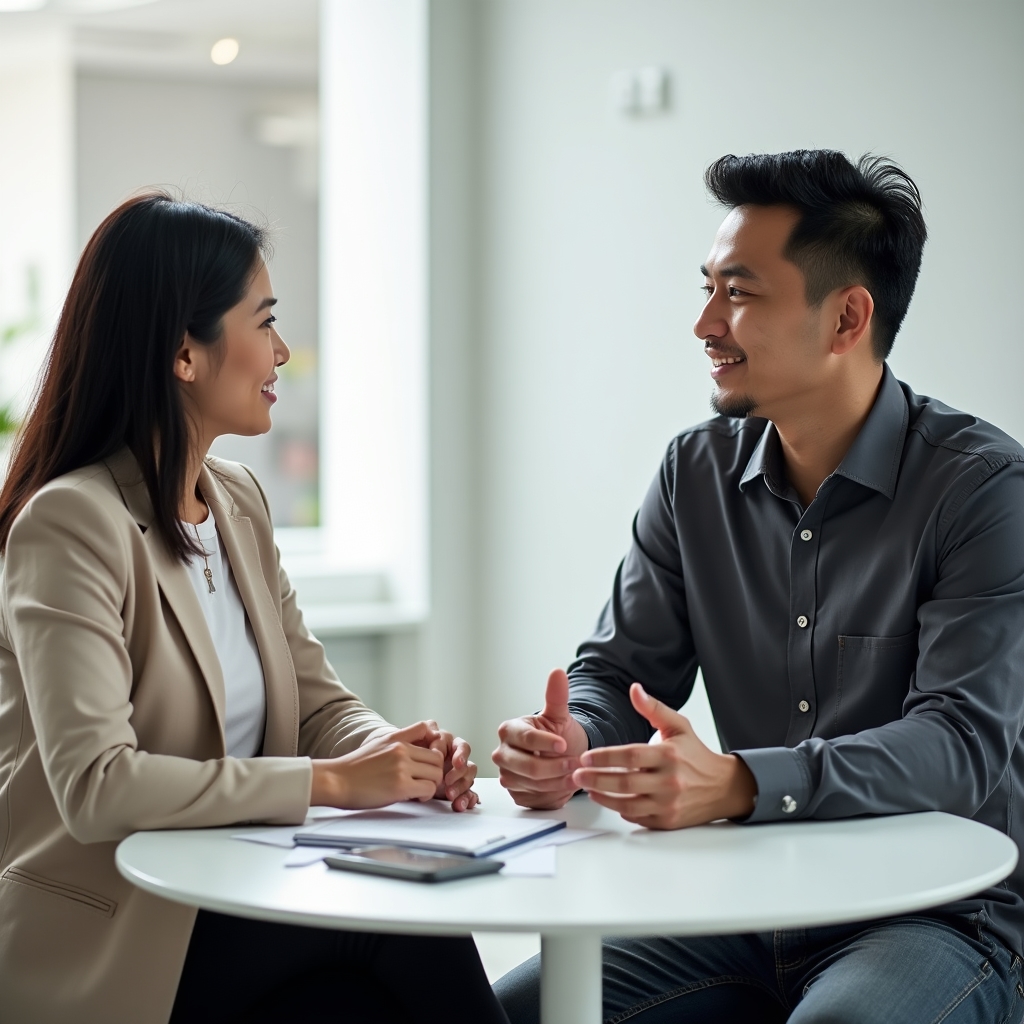 Two professionals in a calm one-on-one conversation in a bright open-plan office, attentive and respectful