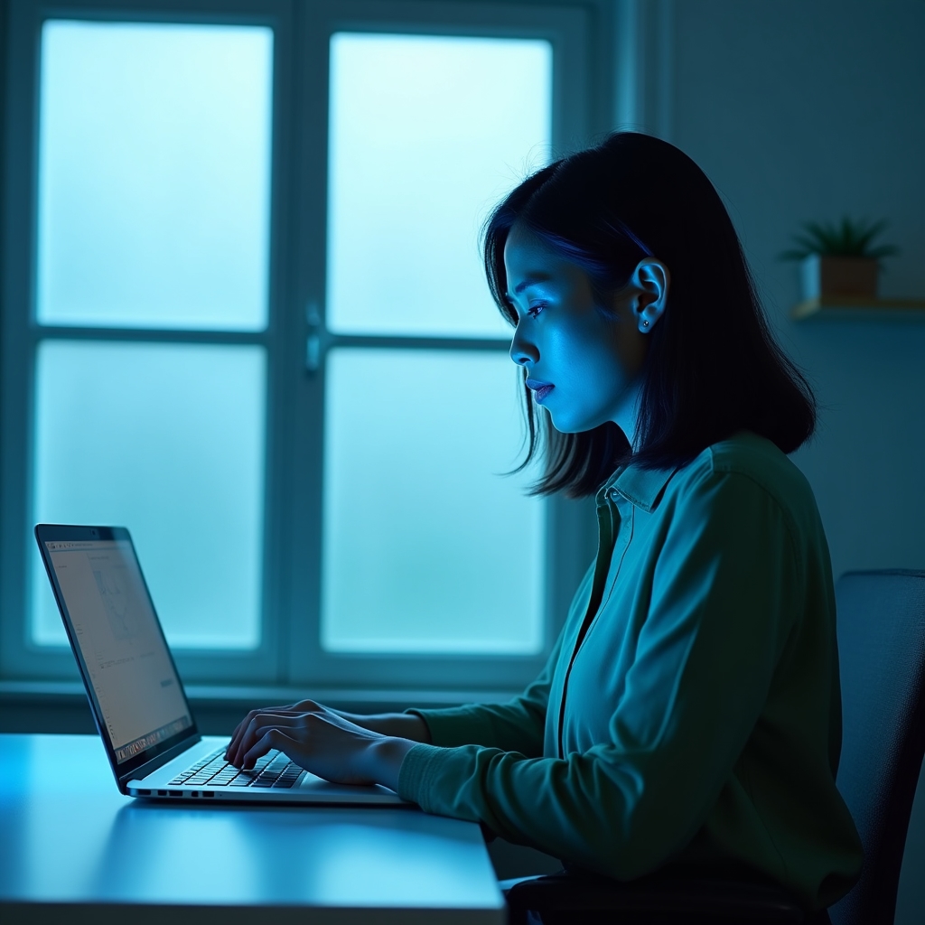 Malaysian professional woman in her 30s focused on a laptop screen in a minimalist bright workspace, side-lit