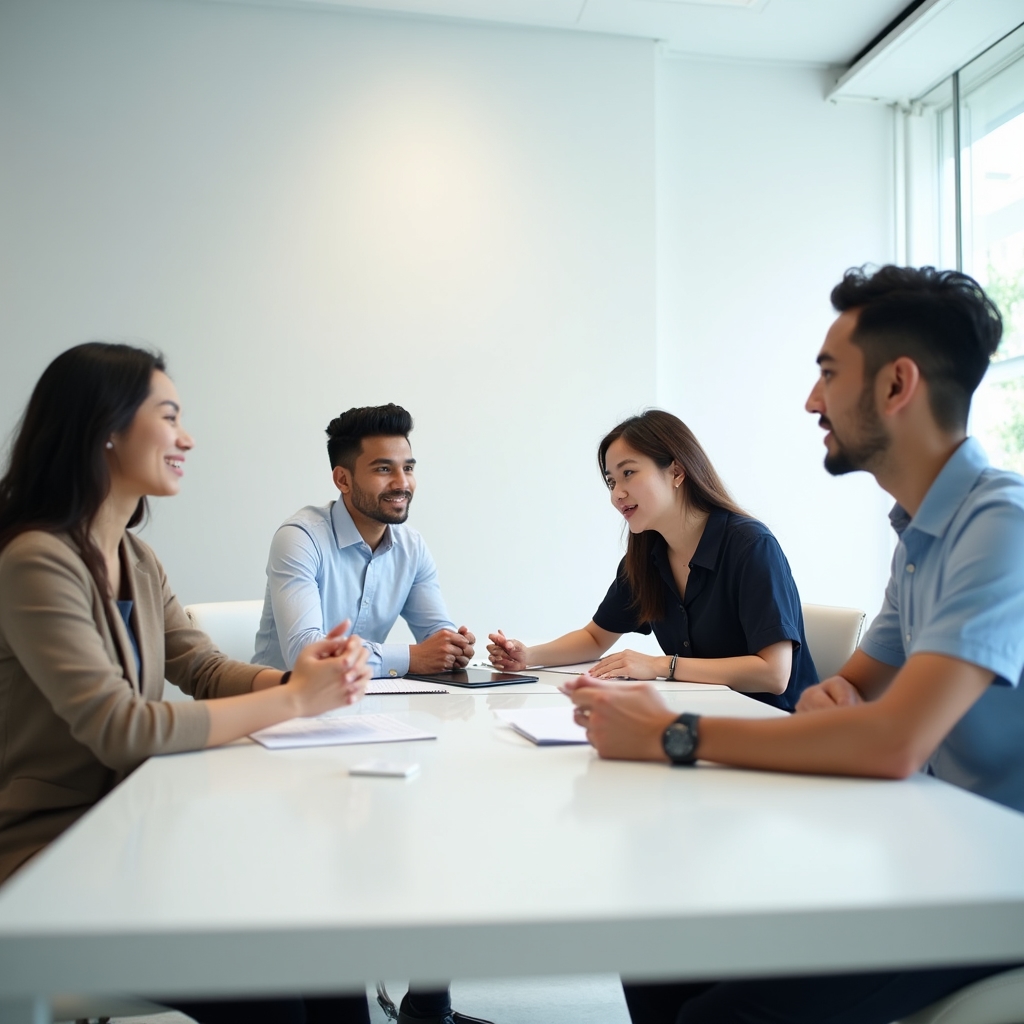 Small group of Malaysian professionals engaged in a focused workshop discussion around a table
