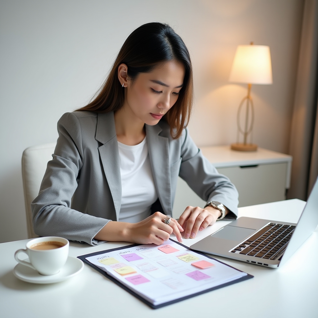 Professional reviewing a structured weekly planner with sticky notes on a white desk under warm light
