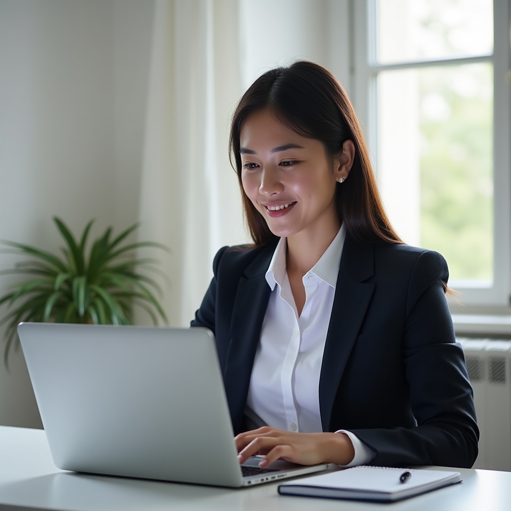 Malaysian professional studying at a clean modern desk with laptop and notebook
