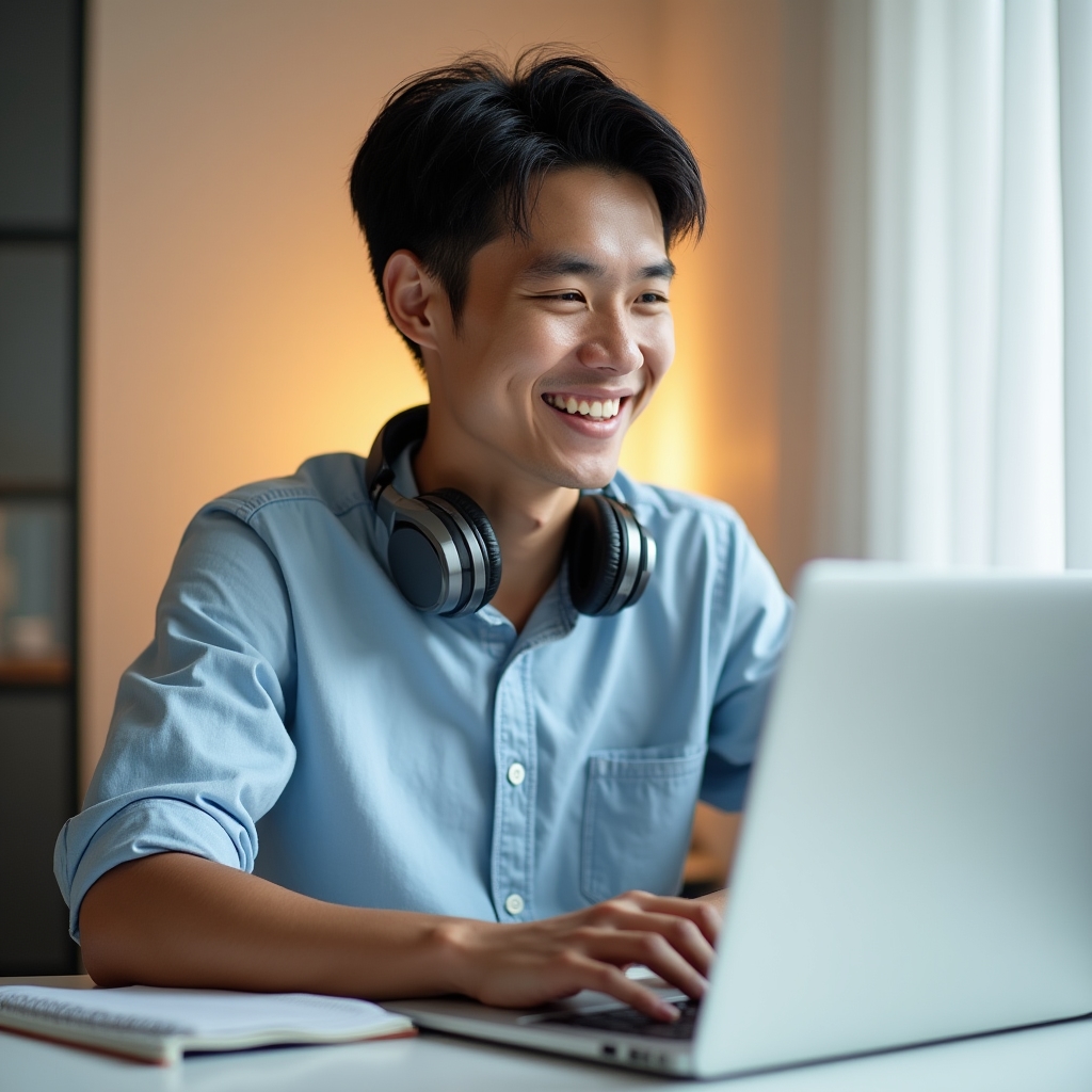 Young Malaysian professional male in his late 20s wearing a light shirt, engaged in online learning with headphones, warm ambient light